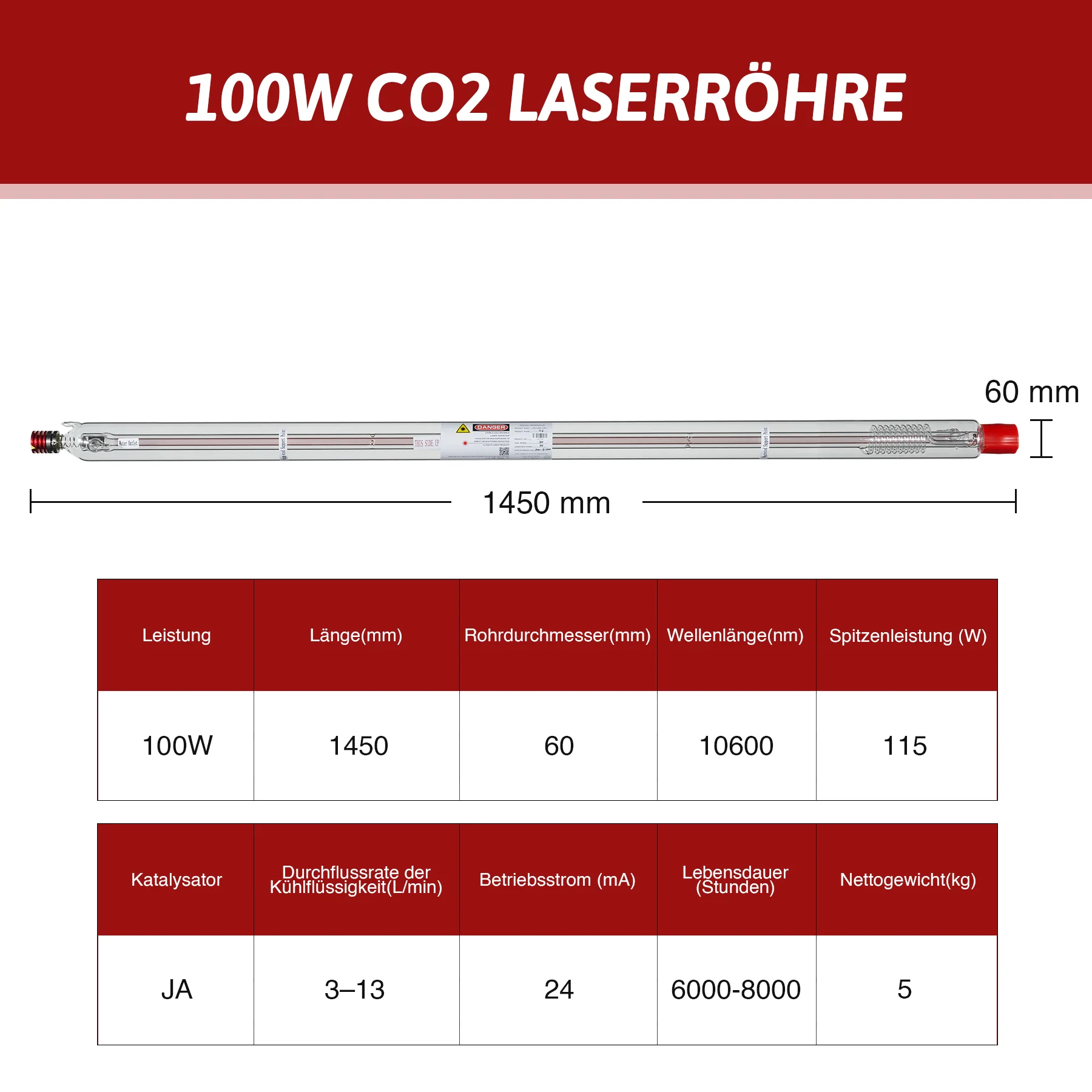 100W CO2 Laserröhre & Laser Tube für Laser Graviermaschinen und Lasercutter | YL-100 - Image 3