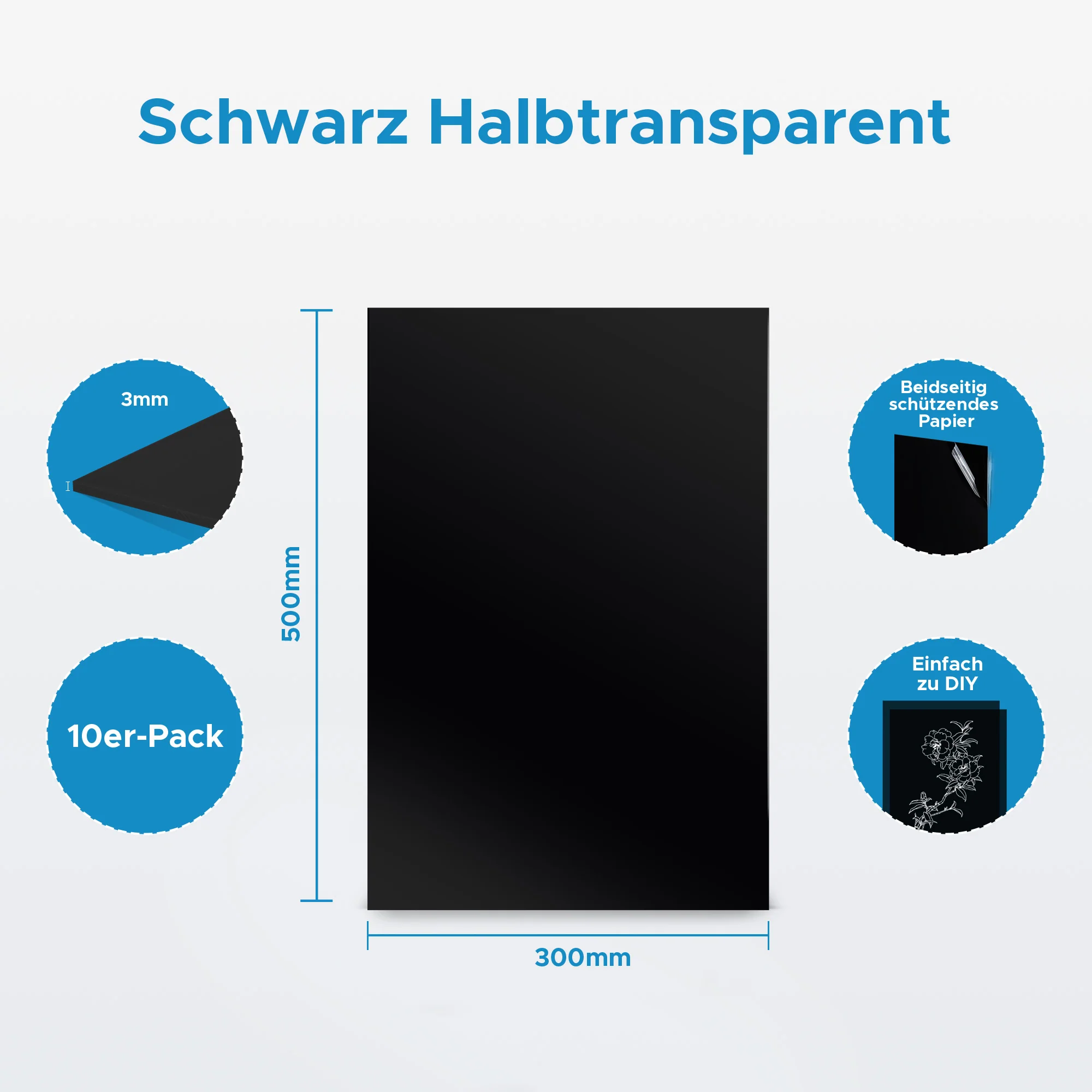 Acrylplatte - Schwarz Halbtransparent 500x300x3mm 10er Pack - Image 2